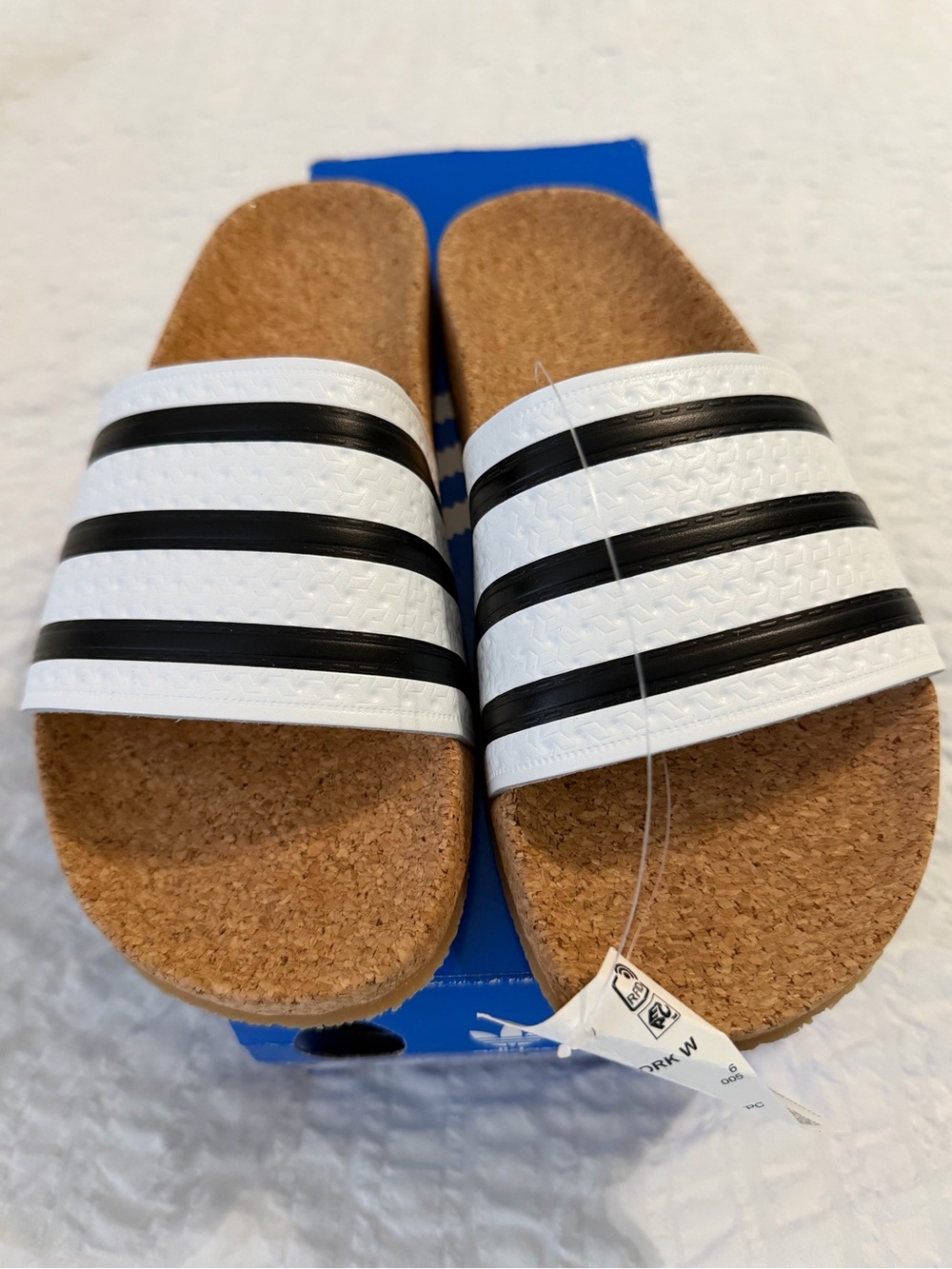 Adidas Adilette White & Black Striped Cork Slides Women 7 NWT-RARE!!